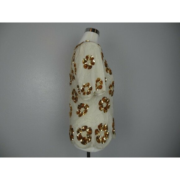 Vintage Stenay Blouse Womans  M 100% Silk Gold Sequin Beaded Top Cream Short Slv - Picture 5 of 12